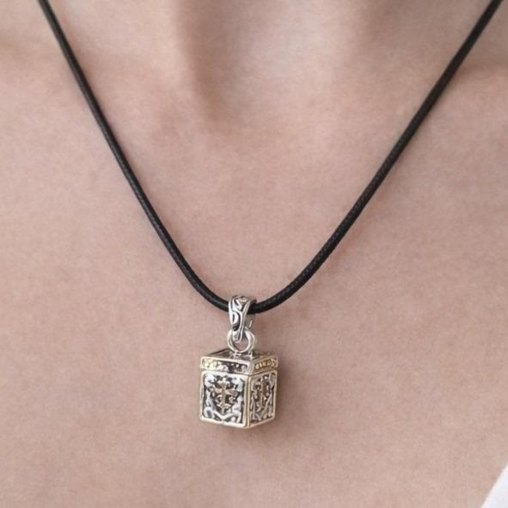 Vintage Prayer Box Necklace Cross Cube Pendant Two Tone Religious Jewelry